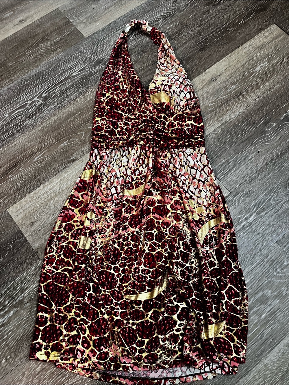 Majora Metallic Gold Red Animal Print Halter Dress S